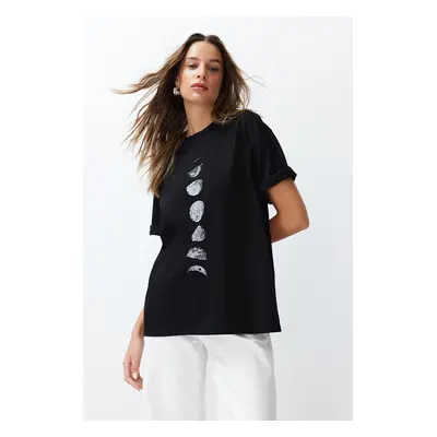 Trendyol Black 100% Cotton Planet Print Oversize/Wide Knit T-Shirt