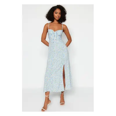 Trendyol Blue Floral Print Straight Cut Tie Detailed Strappy Woven Dress