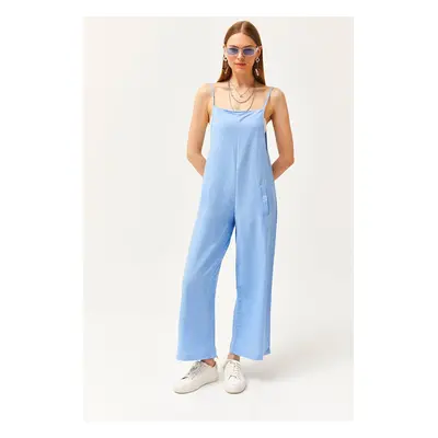 Olalook Women's Sky Blue Pocket Strappy Loose Flowy Jumpsuit