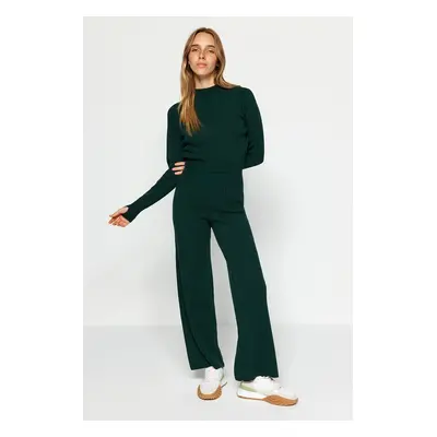 Trendyol Emerald Green Crop Finger Detailed Knitwear Bottom-Top Set