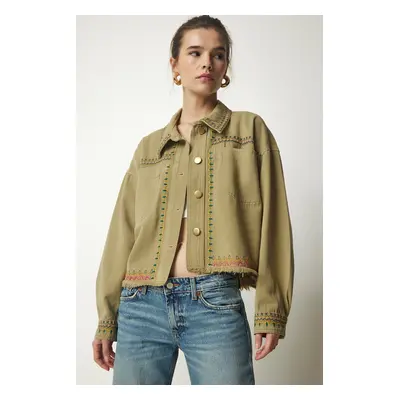 Happiness İstanbul Women's Khaki Embroidered Tasseled Oversize Denim Jacket