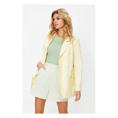 Trendyol Light Yellow Double Breasted Closure Woven Lined Faux Leather Blazer Jacket