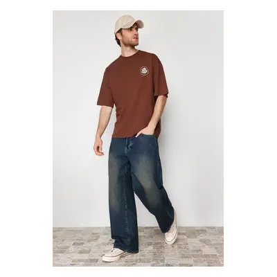 Trendyol Dark Brown Oversize Embroidered 100% Cotton T-Shirt