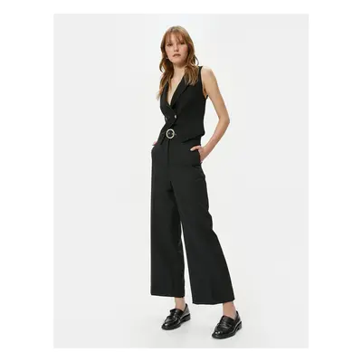 Koton Culotte Trousers Crop Wide Leg High Waist Pearl Belted