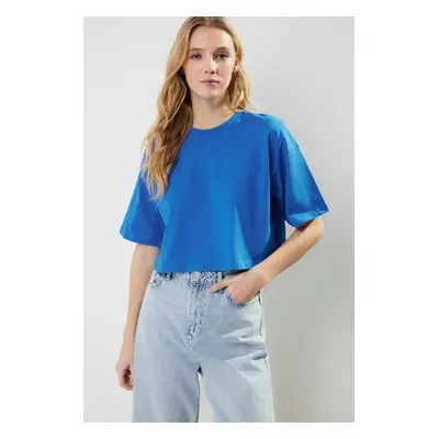 Trendyol Premium Saks 100% Cotton Crop Knitted T-Shirt