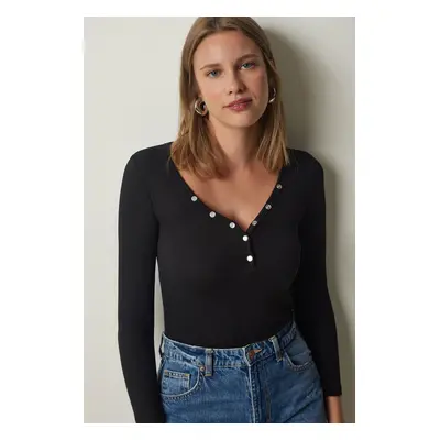 Happiness İstanbul Women's Black Buttoned Collar Ribbed Crop Knitted Blouse