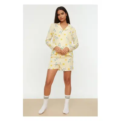 Trendyol Yellow Rabbit Pattern Viscose Shirt-Shorts Woven Pajamas Set