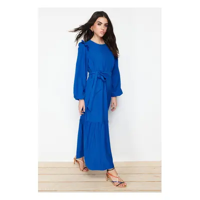 Trendyol Blue Belted Viscose Blended Woven Dress with Ruffled Shoulder Skirt Flounce Lined