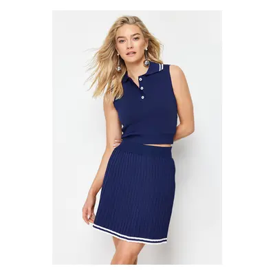 Trendyol Navy Blue Polo Neck Pleated Skirt Knitwear Two Piece Set