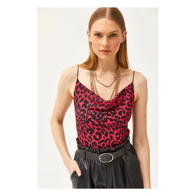 Olalook Women's Leopard Fuchsia Turndown Collar Rope Strappy Blouse