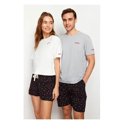 Trendyol Gray Black Embroidered Regular Fit Couple Knitted Pajamas Set with Shorts