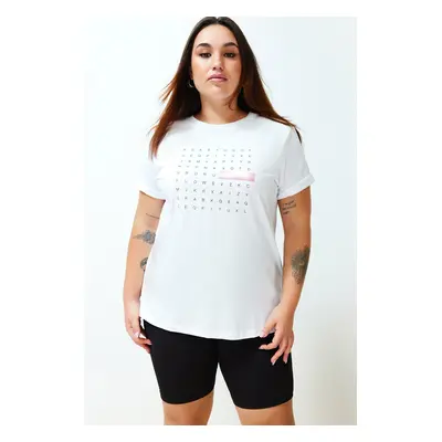 Trendyol Curve White Foil Print Detailed Boyfriend Knitted T-shirt