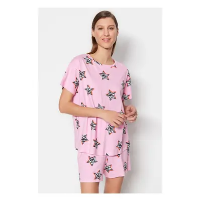 Trendyol Pink 100% Cotton Star Patterned T-shirt-Shorts Knitted Pajama Set