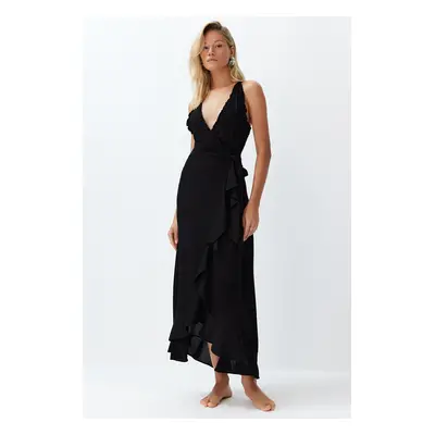 Trendyol Black Belted Midi Woven Flounce Beach Dress