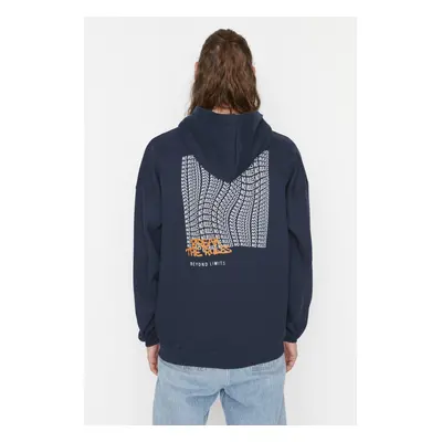 Trendyol Navy Blue Oversize/Wide Cut Text Printed Inside Polar Fleece/Warm Sweater