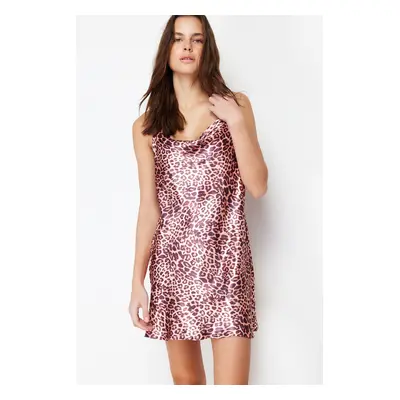 Trendyol Brown Leopard Patterned Degaje Collar Strap Satin Woven Nightdress