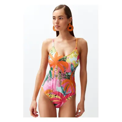 Trendyol Tropical Patterned V-Neck Low-Cut Back Regular Swimsuit