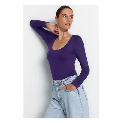 Trendyol Purple Fitted/Situated Pool Collar Soft Fabric Stretchy Snaps Knitted Body