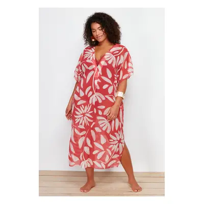 Trendyol Curve Multicolored Tropical Patterned Bat Sleeve Midi Length Woven Beach Dress