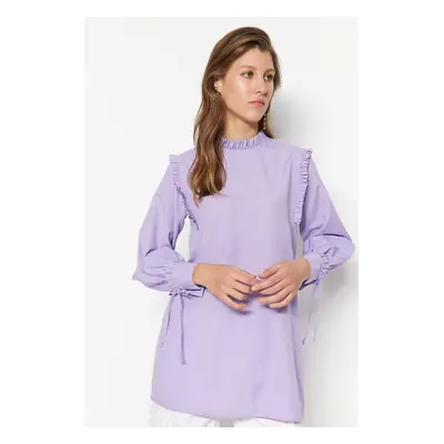 Trendyol Lilac Shoulder and Cuff Frilly Woven Cotton Tunic