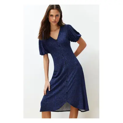 Trendyol Navy Blue Balloon Sleeve Printed Midi Flexible Knitted Midi Dress