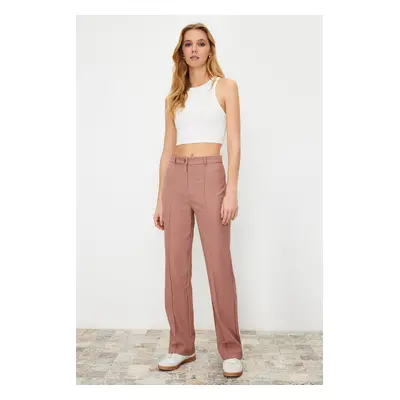 Trendyol Pale Pink Straight/Straight Fit High Waist Ribbed Stitched Woven Trousers