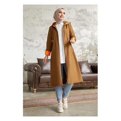 InStyle Drawstring Waist Hooded Neon Trench - Tan\Orange