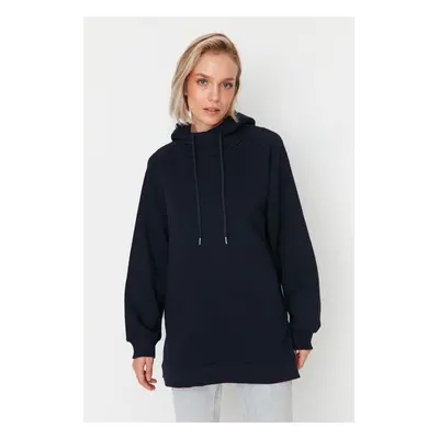 Trendyol Navy Blue Hooded Oversize Raised Knitted Sweatshirt