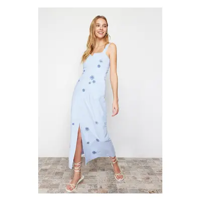 Trendyol Blue A-Line Embroidered Square Neck Maxi Woven Dress