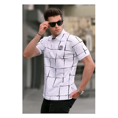 Madmext White Patterned Polo Neck T-Shirt