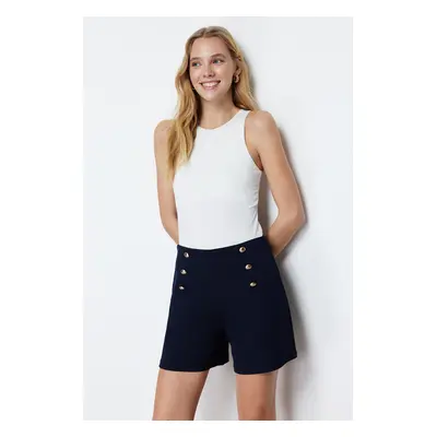 Trendyol Navy Blue Gold Button Detailed High Waist Interlock Smart Knitted Shorts