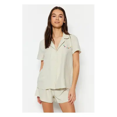 Trendyol Light Beige Motto Embroidered Shirt-Shorts, Woven Pajamas Set