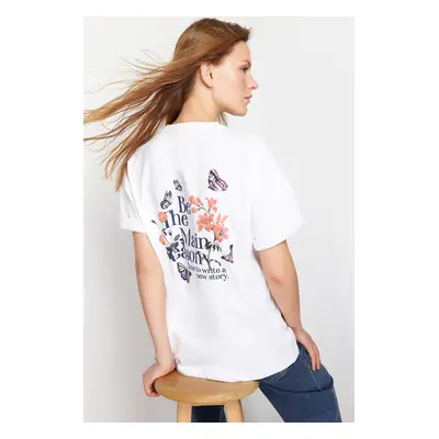 Trendyol White 100% Cotton Back and Front Printed Oversize/Wide-Fit Knitted T-Shirt