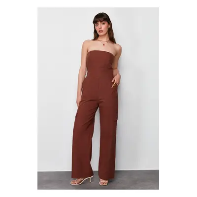 Trendyol Brown Cargo Pocket Strapless Collar Maxi Woven Jumpsuit