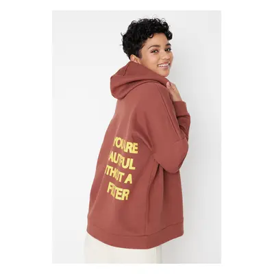 Trendyol Brown Thick Fleece Interior Printed Back Oversized/Wide Knitted Sweatshirt