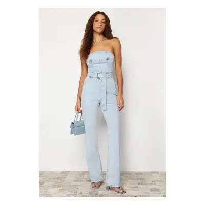 Trendyol Light Blue Belt Strapless Denim Jumpsuit