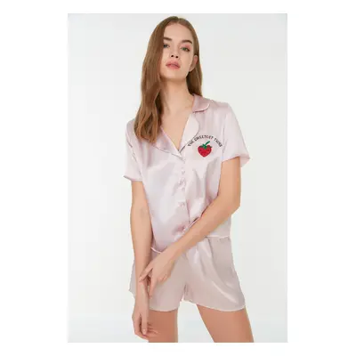 Trendyol Powder Embroidered Satin Shirt-Shorts Woven Pajamas Set