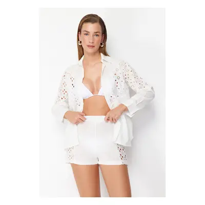 Trendyol White Woven Embroidery 100% Cotton Shirt Shorts Set