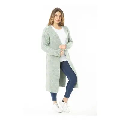 Şans Women's Plus Size Green Long Cardigan with Slits, a Thick Knitwear