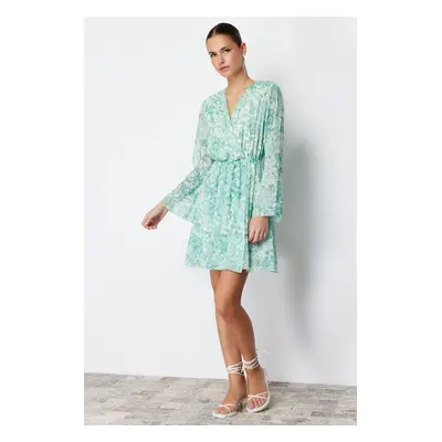 Trendyol Green Floral Waist Opening Chiffon Lined Mini Woven Dress