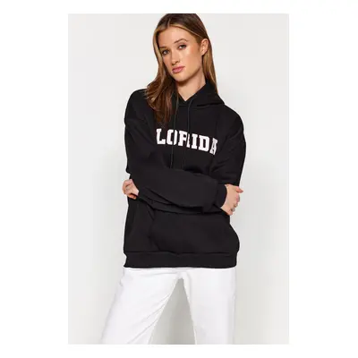 Trendyol Black Thick Fleece City Printed Oversize Hooded Knitted Sweatshirt