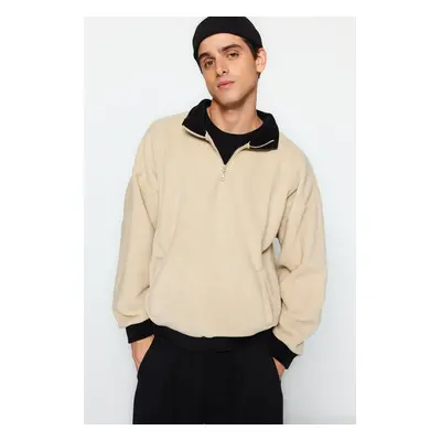 Trendyol Beige Oversize/Wide Cut Half Zipper Stand Collar Color Blocked Fleece Sweatshirt