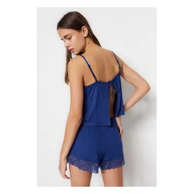 Trendyol Indigo Lace and Back Tie Detailed Rope Strap Knitted Pajama Set