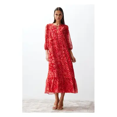 Trendyol Pink Paisley Patterned Straight Cut Maxi Lined Chiffon Woven Dress