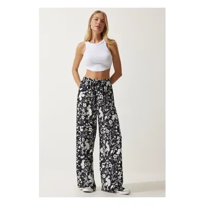 Happiness İstanbul Women's Black Patterned Flowy Viscose Palazzo Trousers