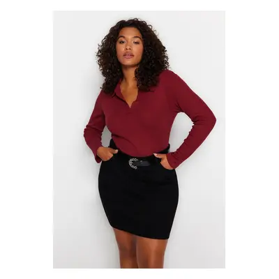 Trendyol Curve Burgundy Fitted Ribbed Shirt Collar Snap Snap Knitted Bodysuit