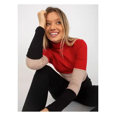 Basic red and black ribbed turtleneck blouse