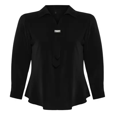 Trendyol Curve Black Woven Plus Size Stone Shirt Collar Blouse