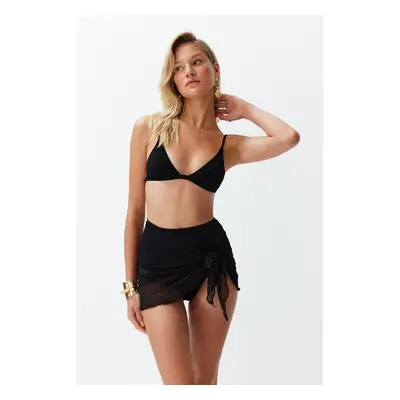 Trendyol Black Mini Knitted Ruffle Tulle Beach Pareo