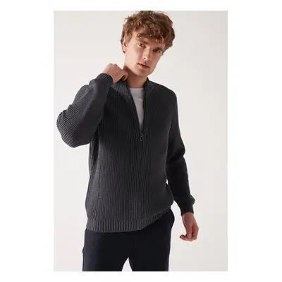 Avva Men's Anthracite High Neck Zippered Regular Fit Thessaloniki Cardigan